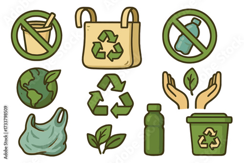 Eco friendly icons set for waste reduction. Plastic free and zero waste concept. Sustainability and recycling awareness symbols. Green ecology vector cartoon illustration collection.