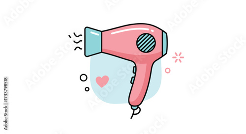 A cute pink hairdryer with bubbles and a heart symbol indicating a gentle drying experience.