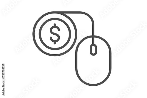Pay per click line icon. PPC model concept. Computer mouse and dollar coin. Online internet advertising, digital marketing symbol. Making money online vector illustration.
