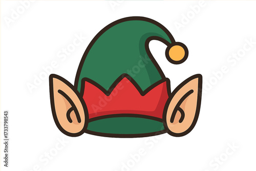Elf hat with ears vector. Flat icon of Christmas costume accessory. Santa's helper fantasy cap. Cartoon illustration for holiday design. Green and red funny festive wear isolated.