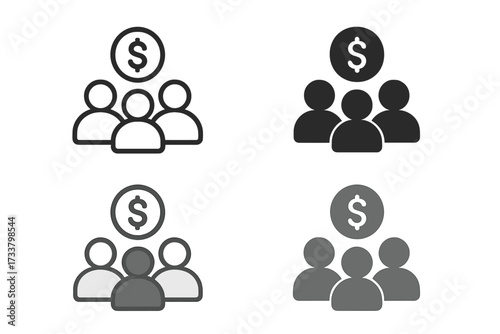 Crowdfunding vector icon set. Group of people with money symbol. Concept of fundraising, investment, donation, and community support. Business and finance illustration.