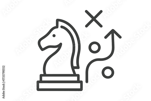 Strategic planning concept icon with chess knight and a roadmap. Business strategy and tactics for success. Game plan, path to goal, mission objective, solution, direction vector.