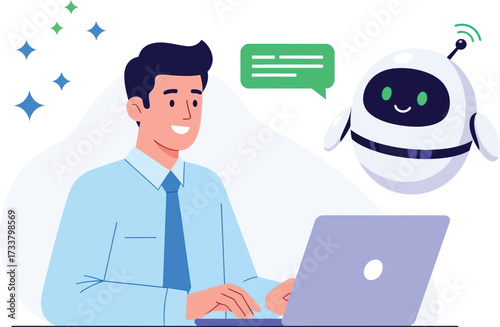 Man using laptop with robot assistant isolated on white background
