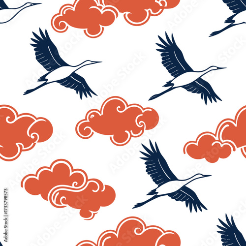Graceful cranes soar through stylized clouds, evoking serenity and freedom in a minimalist, artistic design perfect for elegant branding.