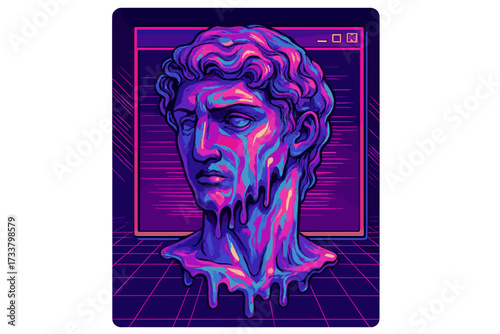 Vaporwave cyberpunk poster of a melting antique statue head. Retro futuristic synthwave illustration with vibrant holographic colors and an old PC window user interface.