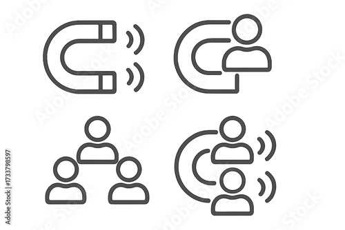 Inbound marketing and lead generation line icon set. Customer attraction with a magnet metaphor. User engagement, audience retention, HR recruitment, and talent acquisition concept.