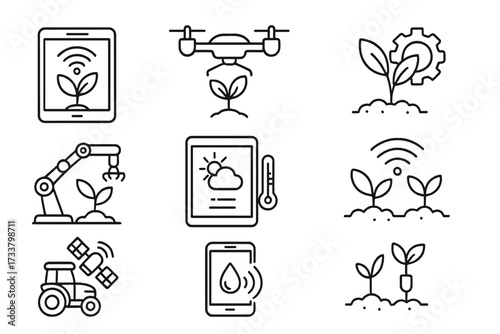 Smart farming and agriculture technology line icon set. Vector icons for agritech, drone, robot, sensor, IoT, automation, precision agriculture, and crop monitoring.