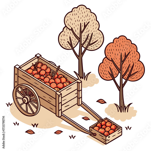 Abundant harvest bounty overflowing from a rustic wooden cart surrounded by autumnal trees and fallen leaves
