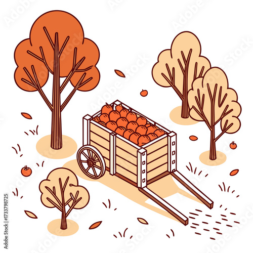 Harvest bounty overflowing from a wooden cart surrounded by autumnal trees and scattered leaves, evoking a warm seasonal feeling of abundance and rural charm
