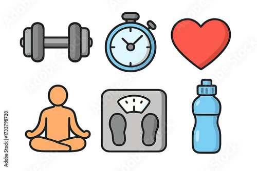 Vector set of fitness icons. Dumbbell for workout, stopwatch for cardio, scale for weight loss, yoga for meditation. Healthy lifestyle cartoon symbols for gym and wellness.