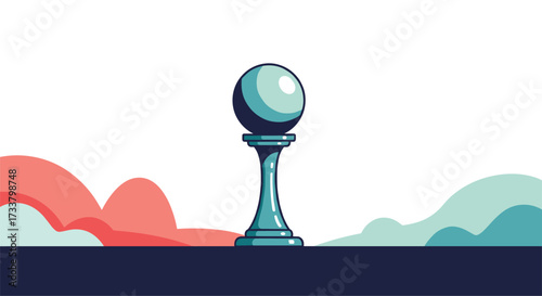 A solitary pixel art chess piece stands tall against a backdrop of abstract colorful clouds.
