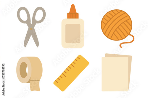 Craft tools set in flat design for DIY projects. Vector icons of scissors, glue, yarn, tape, ruler, paper. School supplies for art class. Handmade creativity concept.