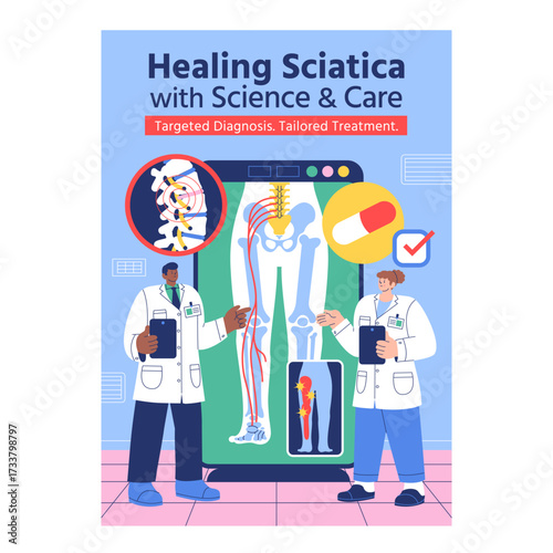 Flat Healthcare Poster Highlighting Sciatica Diagnosis and Tailored Medical Treatment