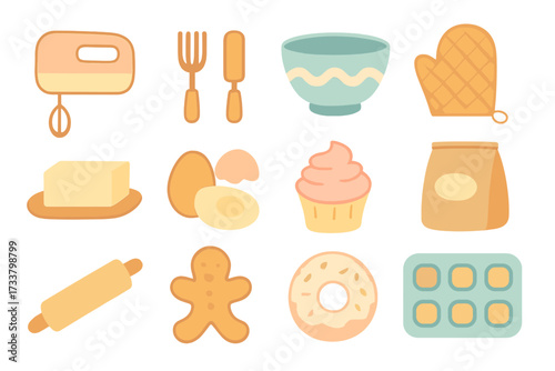 Flat pastel baking icons set for culinary design. Vector cartoon illustration of kitchen equipment, ingredients, and sweets like cupcake, donut, cookie, and gingerbread man.