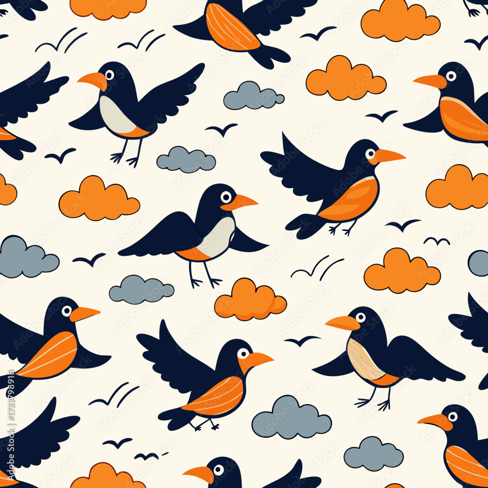 Fototapeta premium Charming flock of stylized birds in flight with playful clouds and soaring sky patterns