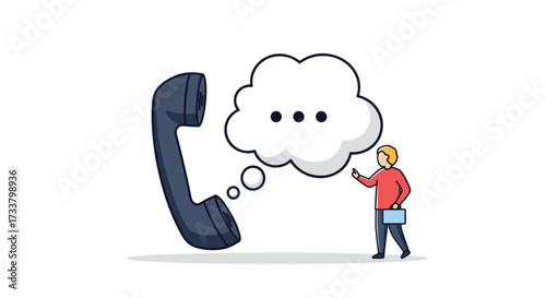 Business person communicating with a classic telephone device through a speech bubble with ellipsis.