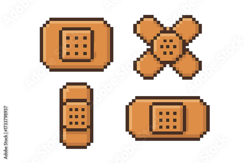 Pixel art adhesive bandage set. 8-bit plaster icon collection for retro gaming. First aid, wound care, and medical healing symbol. Vector illustration on isolated background.