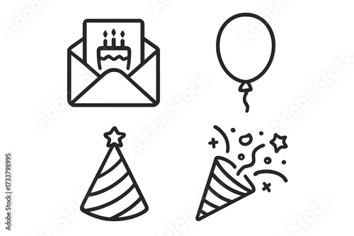 Party and celebration line icon set. Birthday vector symbols. Minimalist outline illustration of invitation with cake, balloon, party hat, and confetti popper for design.