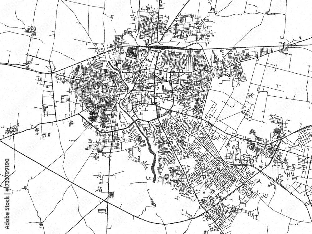 Fototapeta premium Minimalist monochrome city map of Akola, India, illustrated with urban detail.