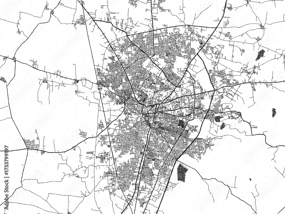 Fototapeta premium Hand-drawn style black and white city map of Amravati, India, ready for wall art or editorial projects.