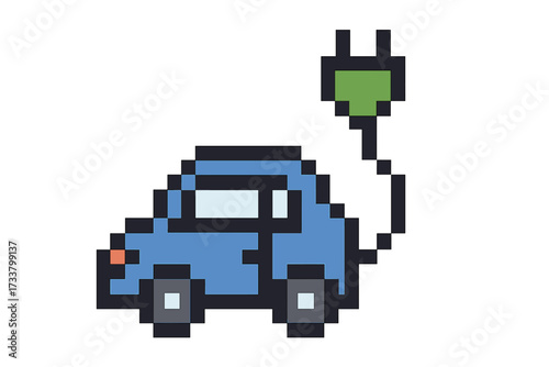 Electric car charging pixel art. 8-bit retro EV icon with green leaf plug. Eco-friendly vehicle symbol. Sustainable energy transport concept. Hybrid automobile vector illustration.