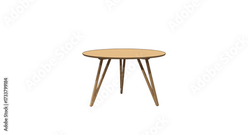 A round wooden coffee table with three slim tapered legs is positioned in the center of a plain white background.