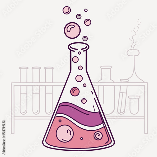 Bubbling pink liquid in a laboratory flask with test tubes and equipment in the background