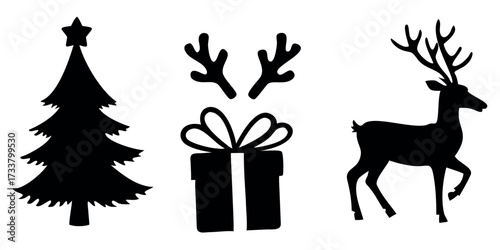 Christmas tree reindeer gift box silhouette vector illustration festive holiday season design element clipart image