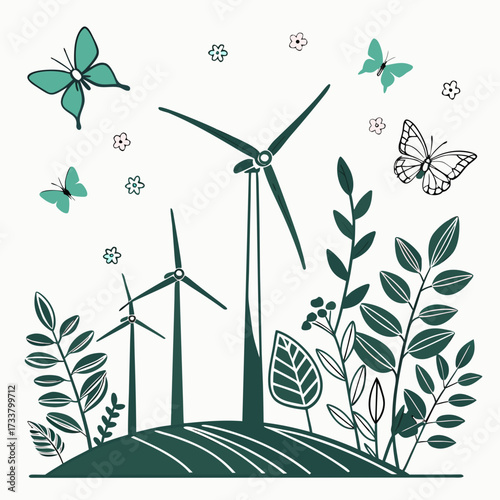 Green energy landscape with wind turbines lush foliage delicate flowers and whimsical butterflies fluttering around