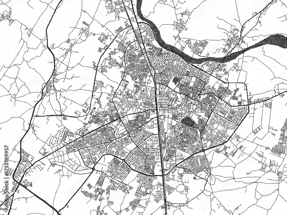 Naklejka premium Decorative monochrome illustration of Bhilwara, India, showing its detailed grid.
