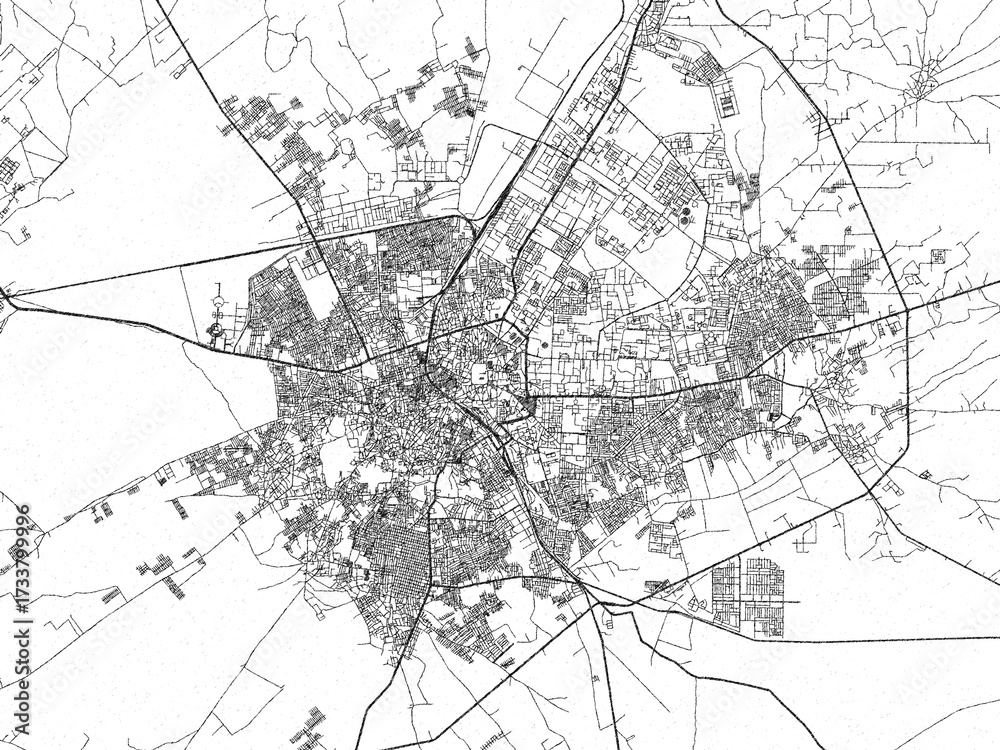 Naklejka premium Black and white cartographic illustration of Bikaner, India, in hand-drawn sketch form.