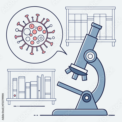 Microscope examining a virus illustration with bookshelves in the background representing research and study