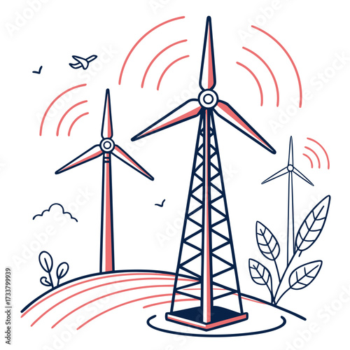 Modern wind turbines generating clean energy on rolling hills with a small airplane flying overhead
