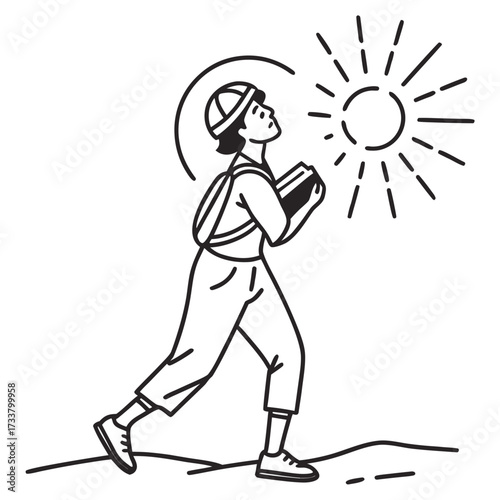 Person in cap and backpack holding books walks towards a bright shining sun on a white background