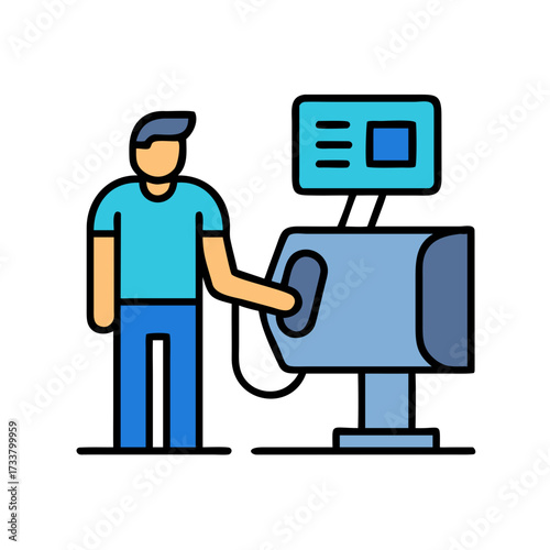 Person interacting with a modern kiosk or information display screen for assistance