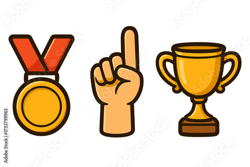 Winner icon set with gold medal, trophy cup, and first place hand sign. Champion award symbols for success, achievement, and victory in competition. Cartoon vector illustration.