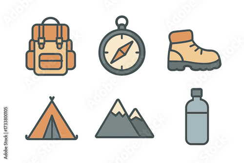 Vector camping icon set. Minimalist hiking equipment symbols: backpack, compass, boot, tent, mountain, water bottle. Outdoor adventure and travel elements. Flat cartoon design.
