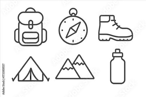 Camping and hiking icon set. Minimalist line art vector illustration. Outdoor adventure and travel symbols. Backpack, compass, boot, tent, mountain, water bottle icons.