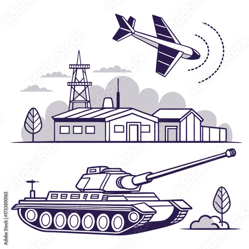 Stylized illustration of a military tank and an airplane flying over a communication tower and buildings
