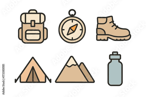 Set of camping and hiking equipment icons. Outdoor adventure gear. Backpack, compass, boot, tent, mountain, water bottle. Minimalist flat cartoon vector illustration.