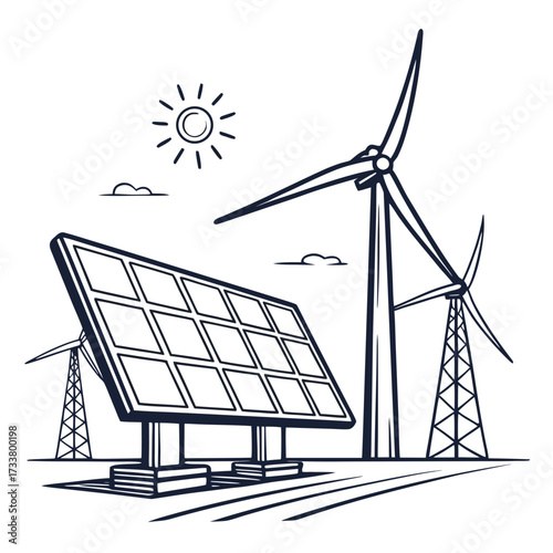 Stylized illustration of solar panels and wind turbines under a bright sun symbolizing renewable energy sources
