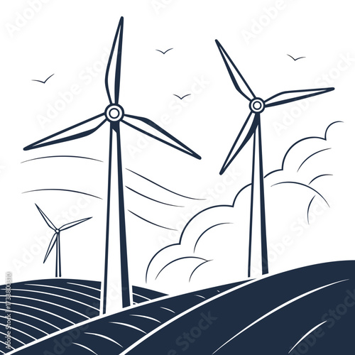 Stylized illustration of wind turbines on rolling hills under a cloudy sky with birds flying