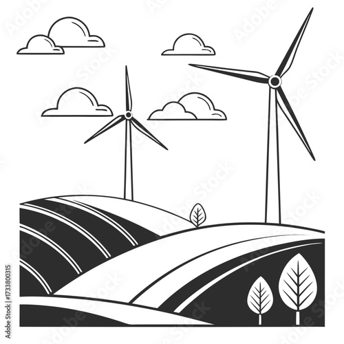 Stylized illustration of wind turbines on rolling hills under a cloudy sky with trees