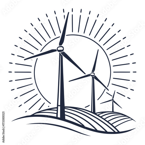 Stylized illustration of wind turbines on rolling hills with a sunburst effect symbolizing clean energy generation