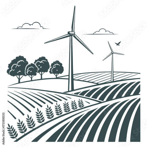 Stylized landscape illustration of wind turbines in agricultural fields with trees and clouds