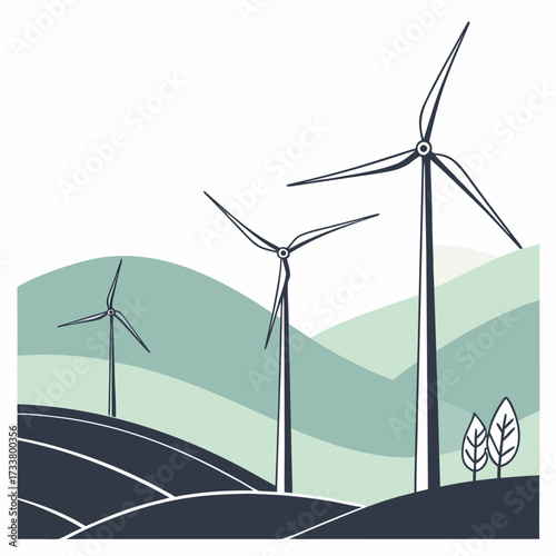 Stylized illustration of wind turbines on rolling hills with a minimalist organic design and muted color palette