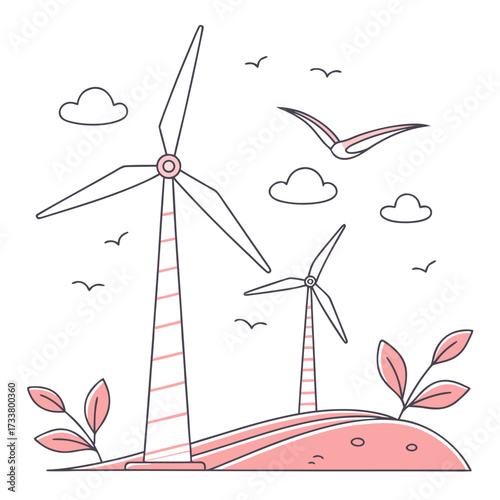Stylized illustration of wind turbines on rolling hills with birds and clouds in a minimalist design