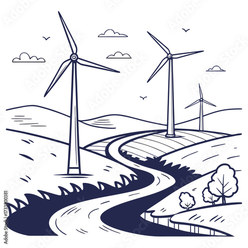 Stylized line art drawing of wind turbines on rolling hills with a winding road and scattered trees under a cloudy sky