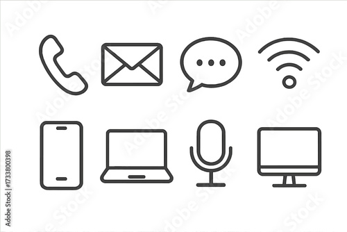 Communication line icon set. Vector symbols for phone, email, chat, wifi, and mobile devices. Minimalist outline pictograms for web, app interface, and business contact.