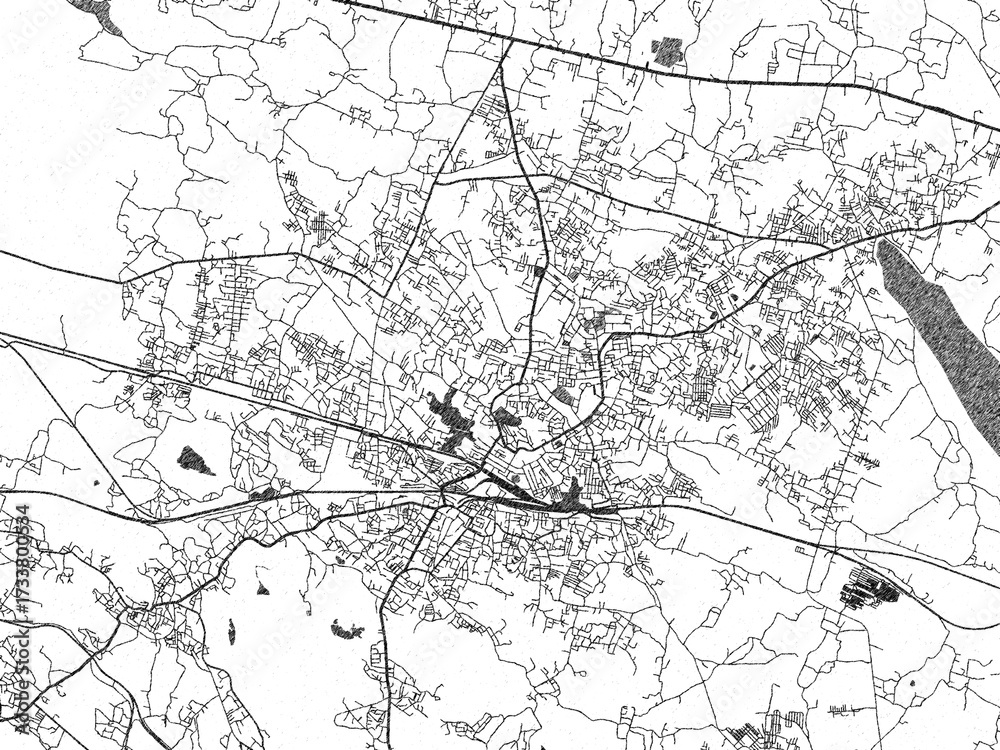 Obraz premium Hand-drawn style black and white city map of Dhanbad, India, with detailed streets and textures.